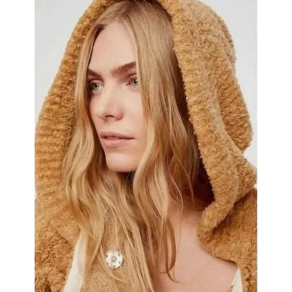 Free People Warm Wishes Sand Hooded Sweater Knit Jacket XS Cabincore - Picture 2 of 7